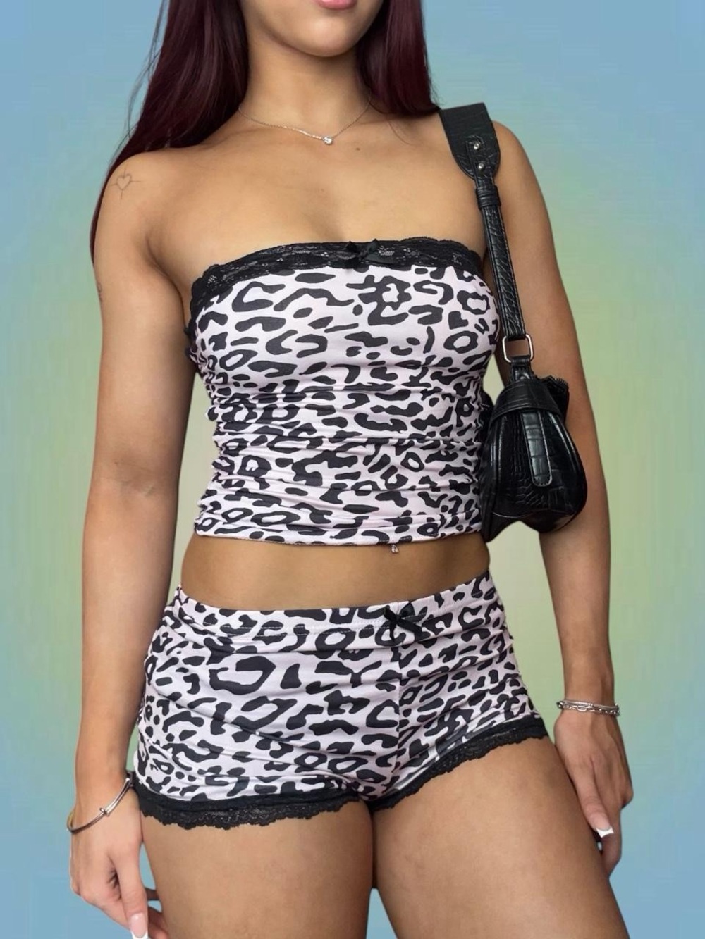 Women’s Pink Leopard Print Lace Trim Strapless Sleep Set
